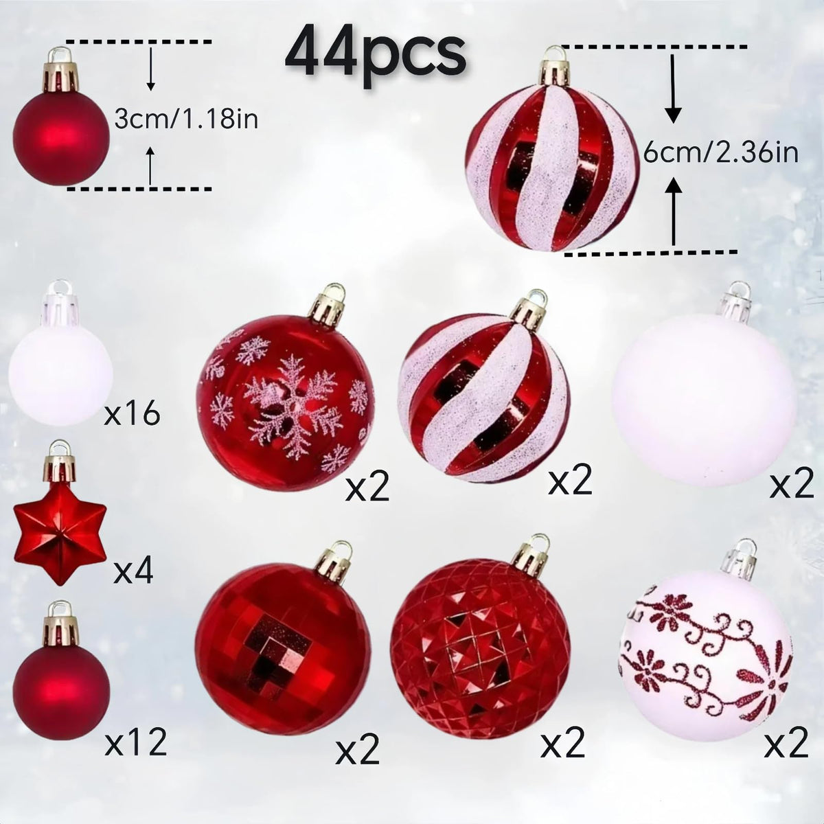 Zhticisic 44Pcs Plastic Christmas Tree Decorations Set,Shatterproof Hanging Xmas Ball Decorations for Holiday Decor(Red White)