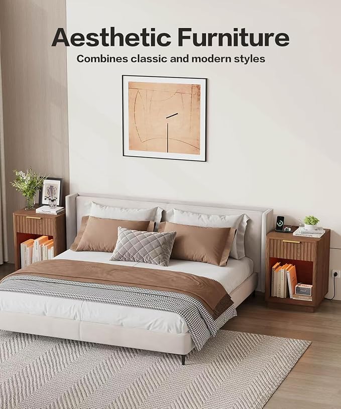 Akxomel Fluted Nightstands Set of 2, Wooden Night Stand