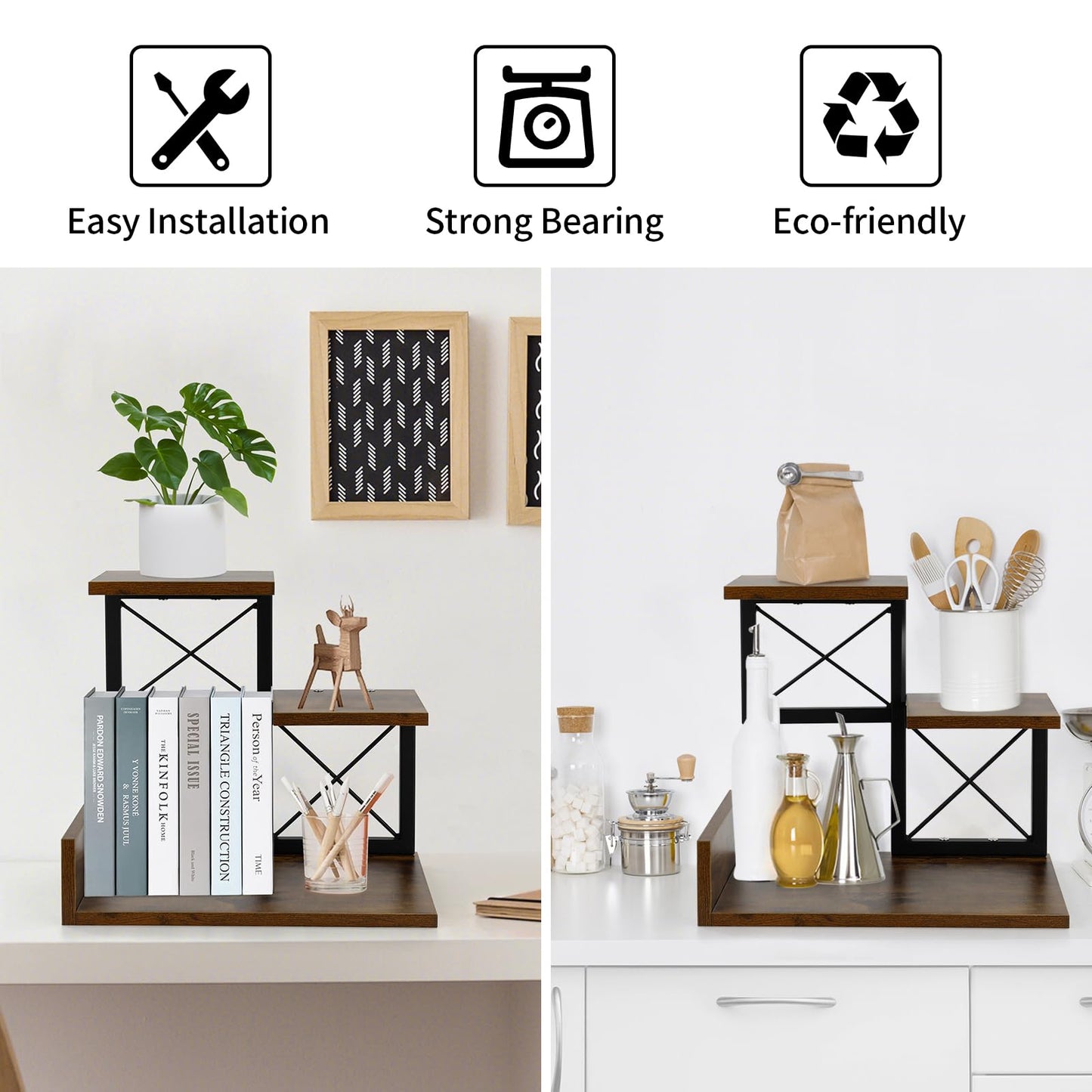 Jolitac Wood Desktop Shelf, Desktop Organizer Office Storage Rack Adjustable Wood Display Shelf 3 Tier Storage Display Rack Office Decor Stand Shelves with Metal Frame (Brown)