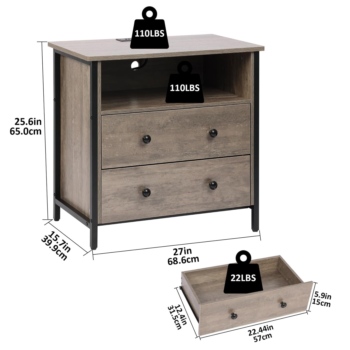 Tykacna 27 Inch Wide Night Stand, Large Wood Night Stand with 2 Drawers, LED Nightstand with Charging Station and Adjustable Drawer, Bedside Table for Living Room/Bedroom/Study/Office, Gray.