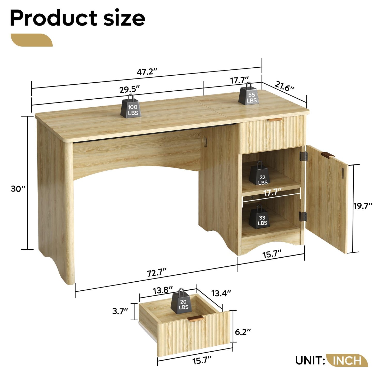 Bestier 47 inch Fluted Computer Desk with Drawer, Office Desk with File Cabinet, Modern Wood Desk with Storage Cabinet for Home Office Bedroom Study, Natual Oak