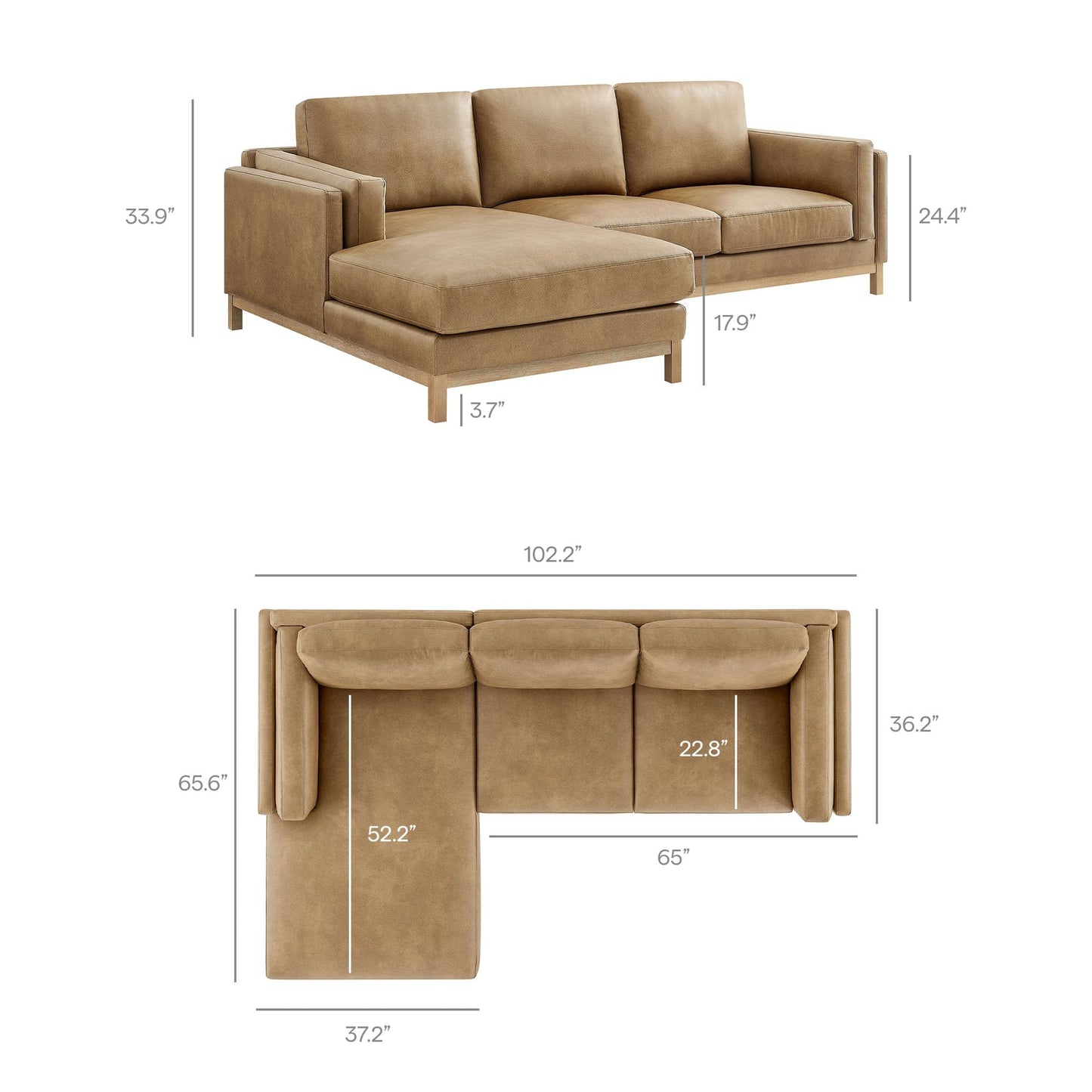 Modway Roscoe Left-Facing Sectional Sofa with Chaise in Toast - 2-Piece Faux Leather Upholstered Deep Seat Couch, L Shaped Modular for Living Room or Lounge