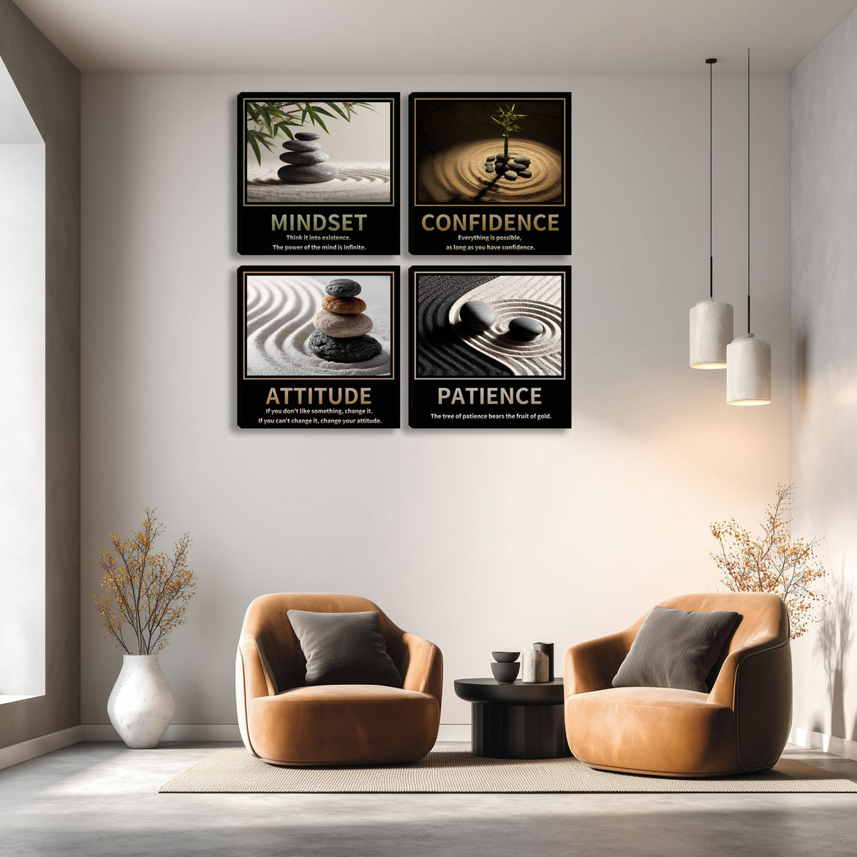 Kuiluuye Motivational Wall Decor Inspirational Zen Canvas Wall Art for Living Room Zen Stone Green Plant Picture for Office Workplace Painting Poster Artwork