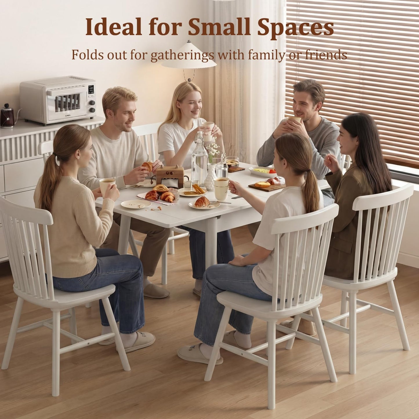 DONGMUWUJEE Solid Wood Small Dining Table for 2-6, 23.6"L-47.2"L Expandable Kitchen Table, Designed for Small Spaces, Easy Assembly, Suitable for Kitchen, Dining Room, Living Room, Apartment (White)