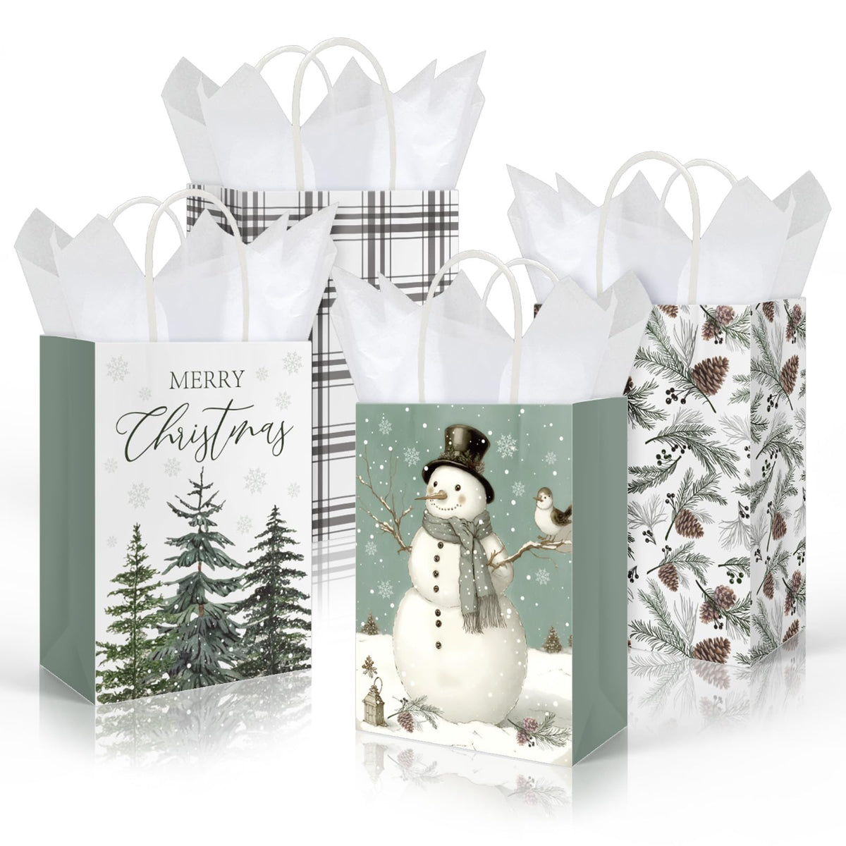 JarThenaAMCS 24 Pcs Christmas Paper Gift Bags with Tissue Paper Sage Green Xmas Tree Snowman Party Favor Large Bags with Handle Goodie Candy Treat Bags for Winter Wedding Holiday