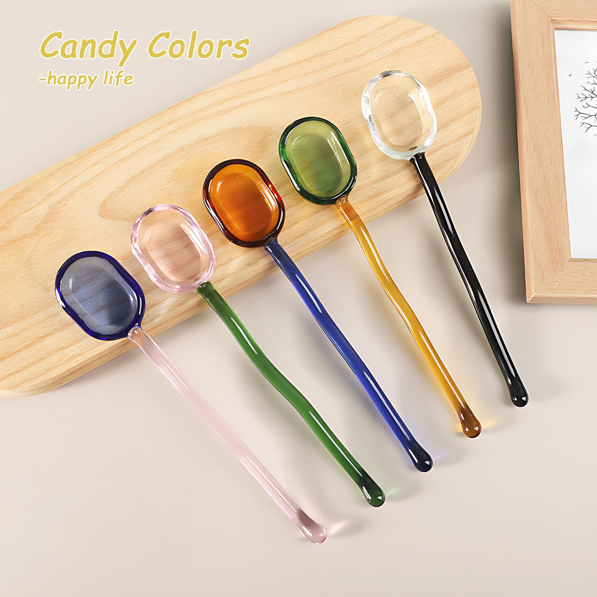 Turbokey 5 Pieces Glass Spoons - 6.1 inch Coffee Teaspoons, Heat Resistant Stirrers for Tea, Sugar, Home Bar Party (5 Color)