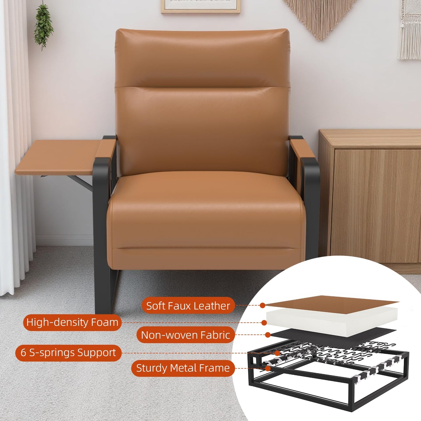 Tbillionnext Upholstered Accent Chair, Modern Faux Leather Sofa Chair with Foldable Side Tray Table & Storage Pocket, Small Accent Sofa for Living Room, Bedroom, Reception Room, Brown