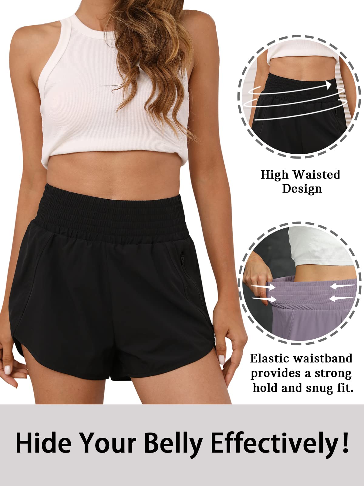 BMJL Women's Athletic Shorts High Waisted Running Short Pocket Sporty Shorts Gym Elastic Workout Shorts(M,Black)