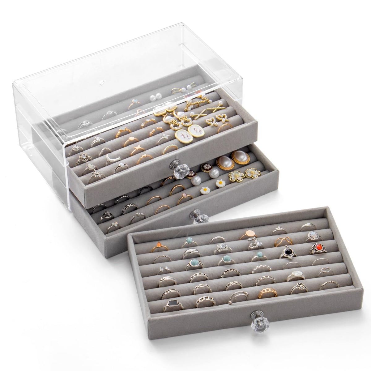 SPAKOWN Ring Box Display Holder, Clear Velvet Jewelry Storage Tray Organizer for Ring Stud Earring (Grey - 3 Drawers)