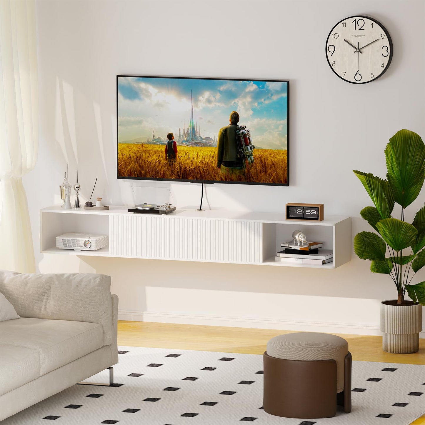 Katrawu 55" Floating TV Stand with LED Light, Floating TV Stand Wall Mounted, Floating Entertainment Center with Storage Long for Bedroom, Wood Floating TV Shelf for Living Room (White)