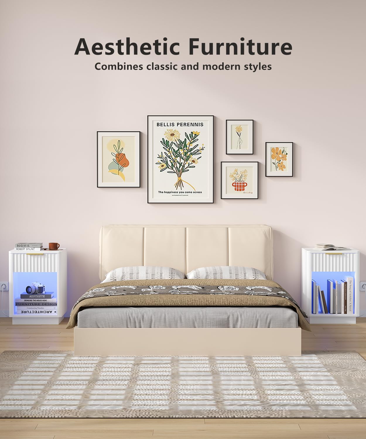 Akxomel Fluted Nightstand, Wooden Night Stand with Charging Station and LED Light, Modern Mid Century End Table with Drawer, 15" D x 15.7" W x 22.6" H, for Bedroom, White