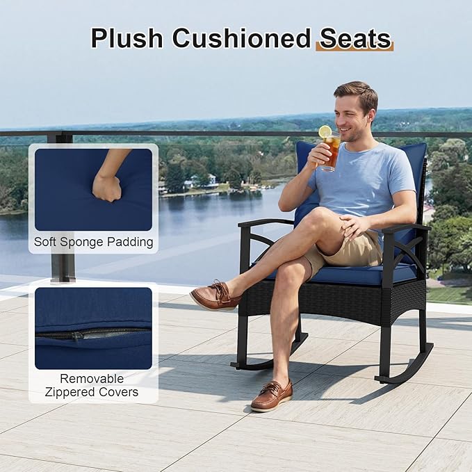 Tangkula 3 Pieces Outdoor Rocking Chairs Set, Rattan Heavy Duty Cushioned