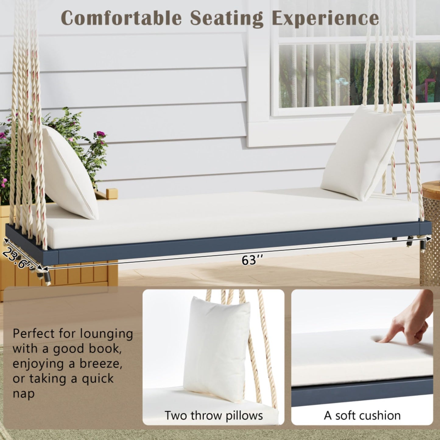 Patio Wooden Swing Chair, Acacia Wood Hanging Porch Swing Bench with Cushion & Pillows, Heavy Duty Hemp Ropes Swing Chair for Garden, Backyard, Lawn & Outdoor Relaxation (Gray)