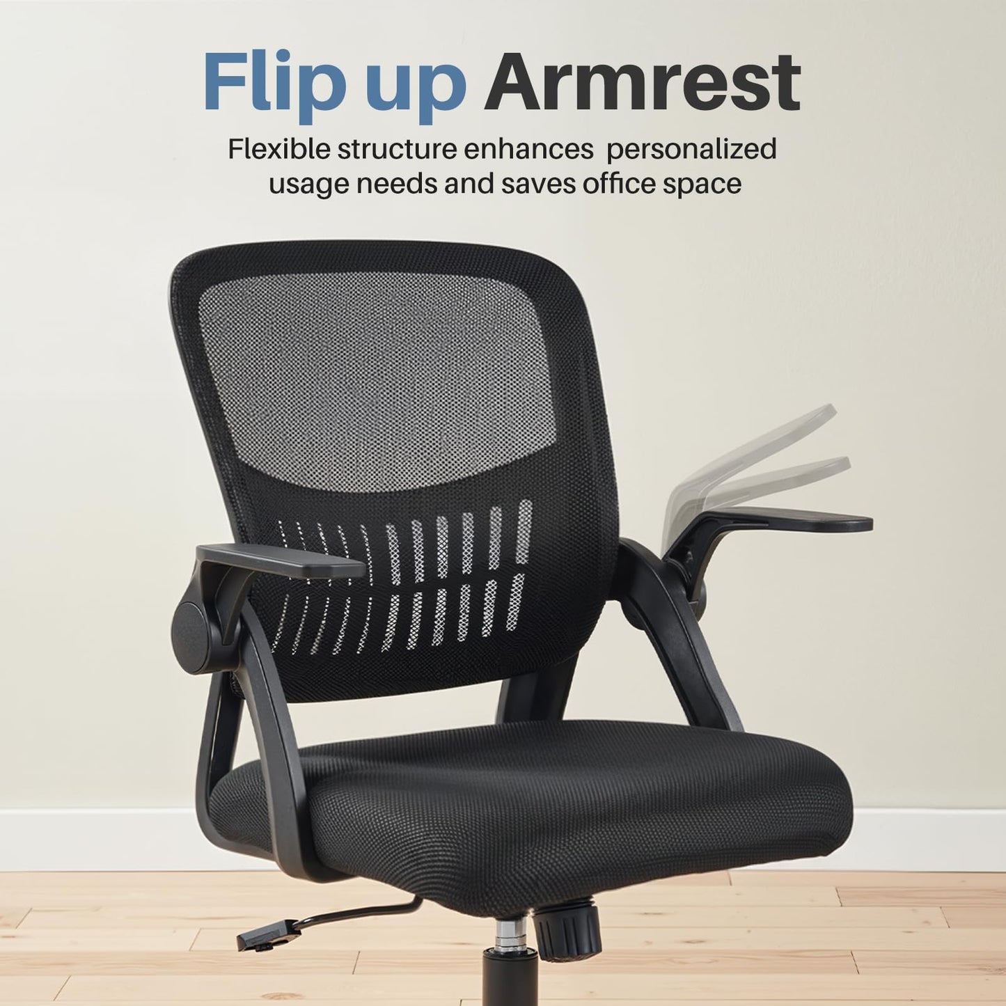 DUMOS Home Office Desk Chair - Ergonomic Computer Mesh Chair with Lumbar Support & Rocking Mode, Height Adjustable, Flip-up Armrest, for Conference, Meeting Room, 360° Swivel, Adults, Black