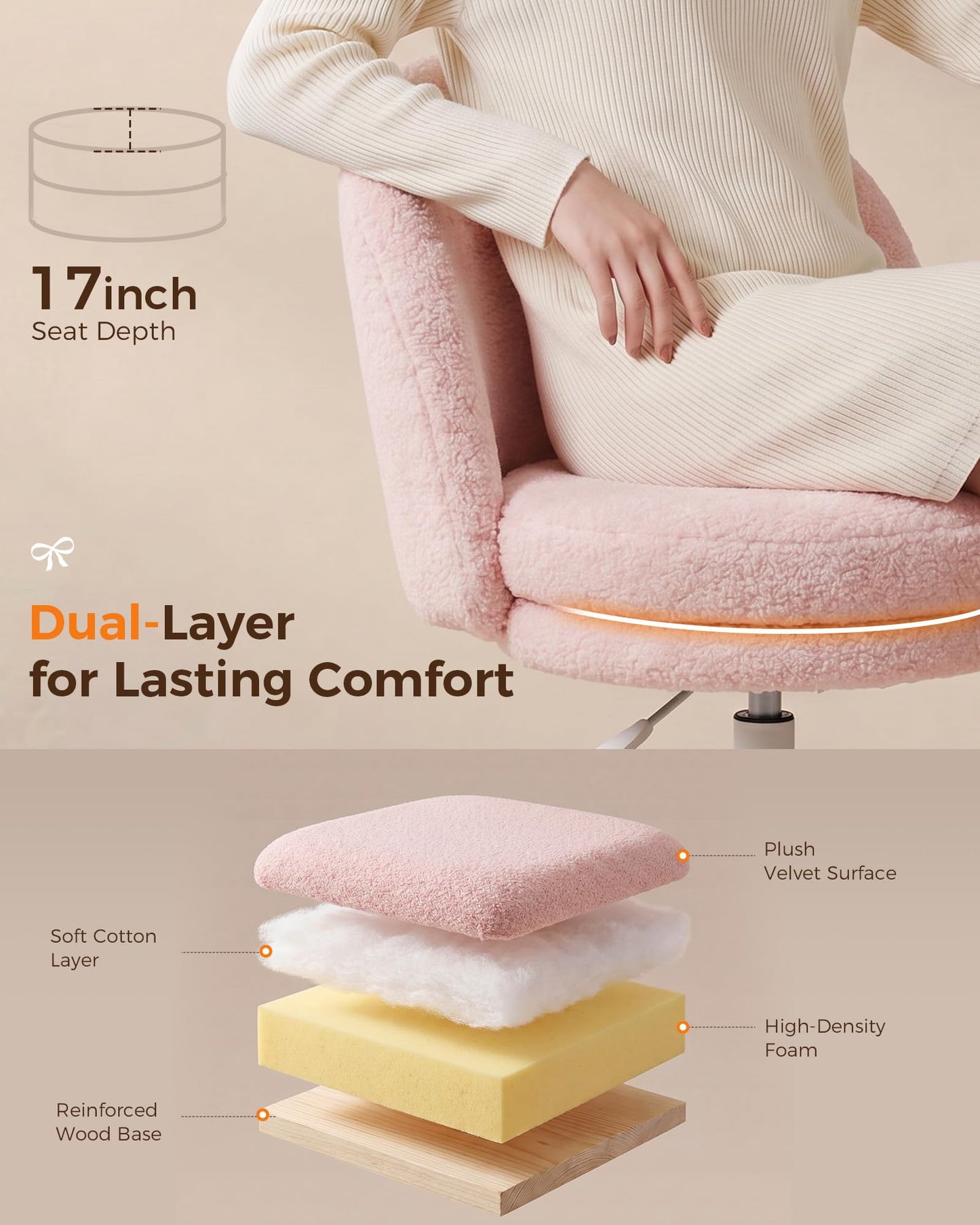 GTPLAYER Velvet Tall Office Chair with Wheels Vanity Chairs with Back, Versatile Height Use: Office to Bar Stools Small Ergonomic Comfy Armlees Computer Desk Chair with Bow Lumbar Pillow for Gift