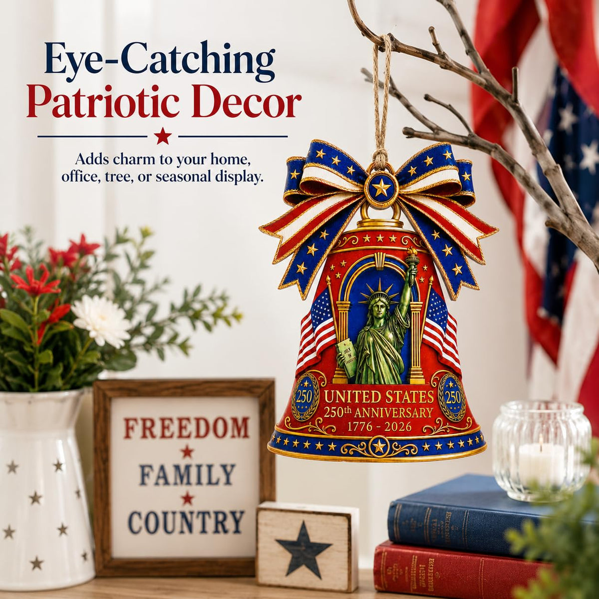 Red Wooden Liberty Bell 250 Anniversary USA Ornament, USA 250th Anniversary Merchandise, Fourth of July Decorations, Patriotic Decor, USA 250th Anniversary 4th of July Gifts, USA 250th Birthday Gifts