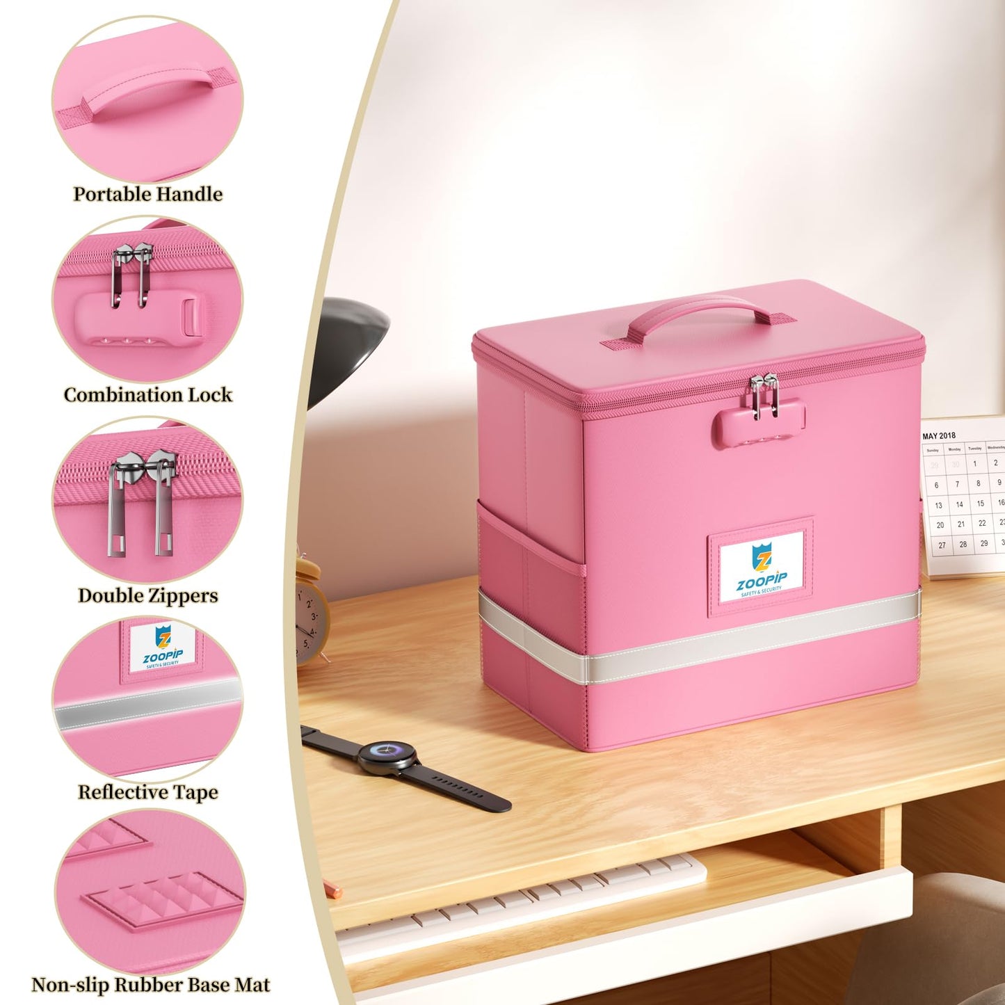 ZOOPIP Fireproof File Box with Lock, Document Box Storage Organizer, Suitable for Hanging File Folders in Letter Size, Collapsible File Box, Reflective Strip for Fast Find (12.2"*6"*10.2, Pink)