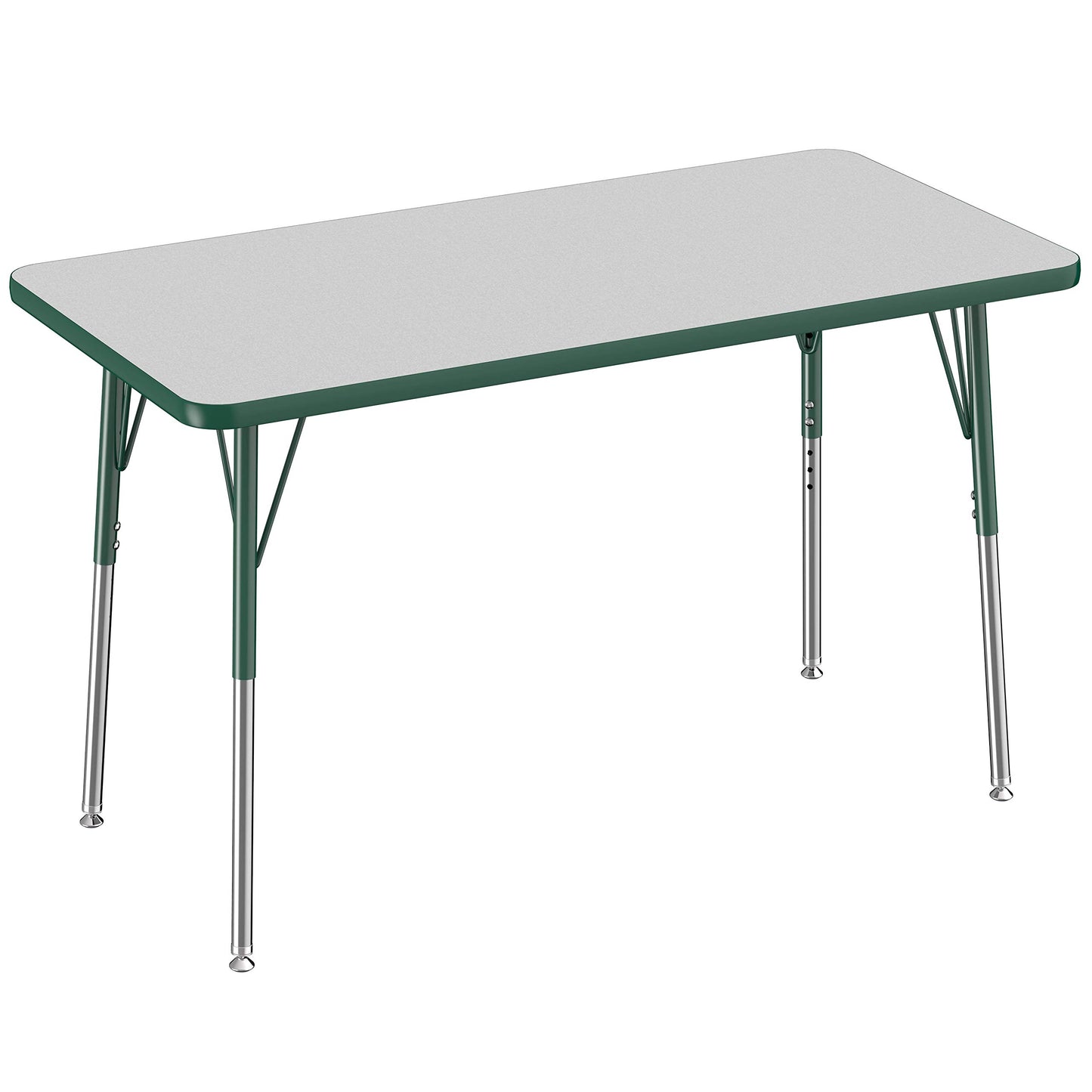 FDP Rectangle Activity School and Office Table (24 x 48 inch), Standard Legs with Swivel Glides, Adjustable Height 19-30 inches - Gray Top and Green Edge