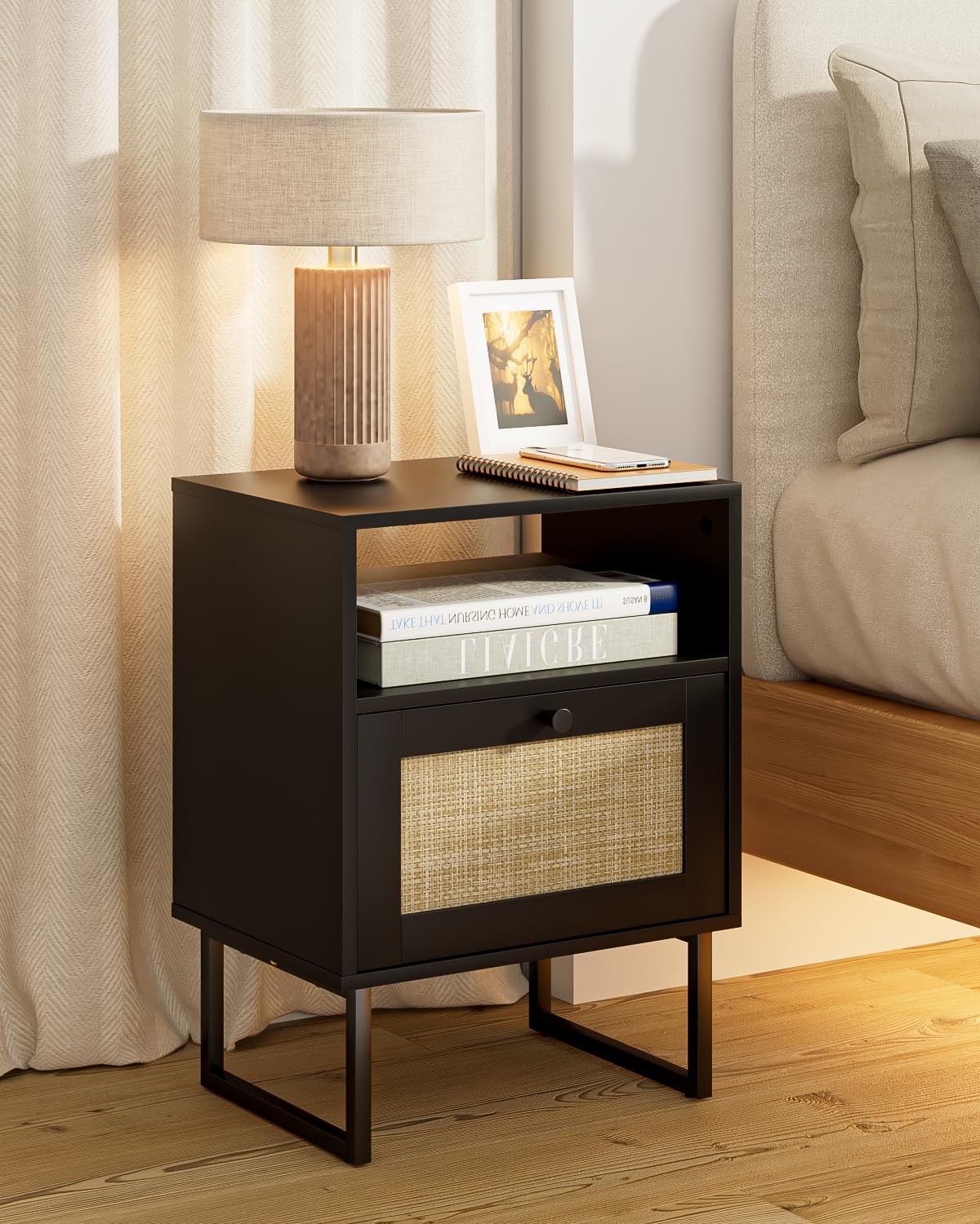 Apetaccat Rattan Nightstand, Boho Night Stand Farmhouse Wood Bedside Table with Storage and Open Shelf, End Side Accent Table for Bedroom,Living Room,Black