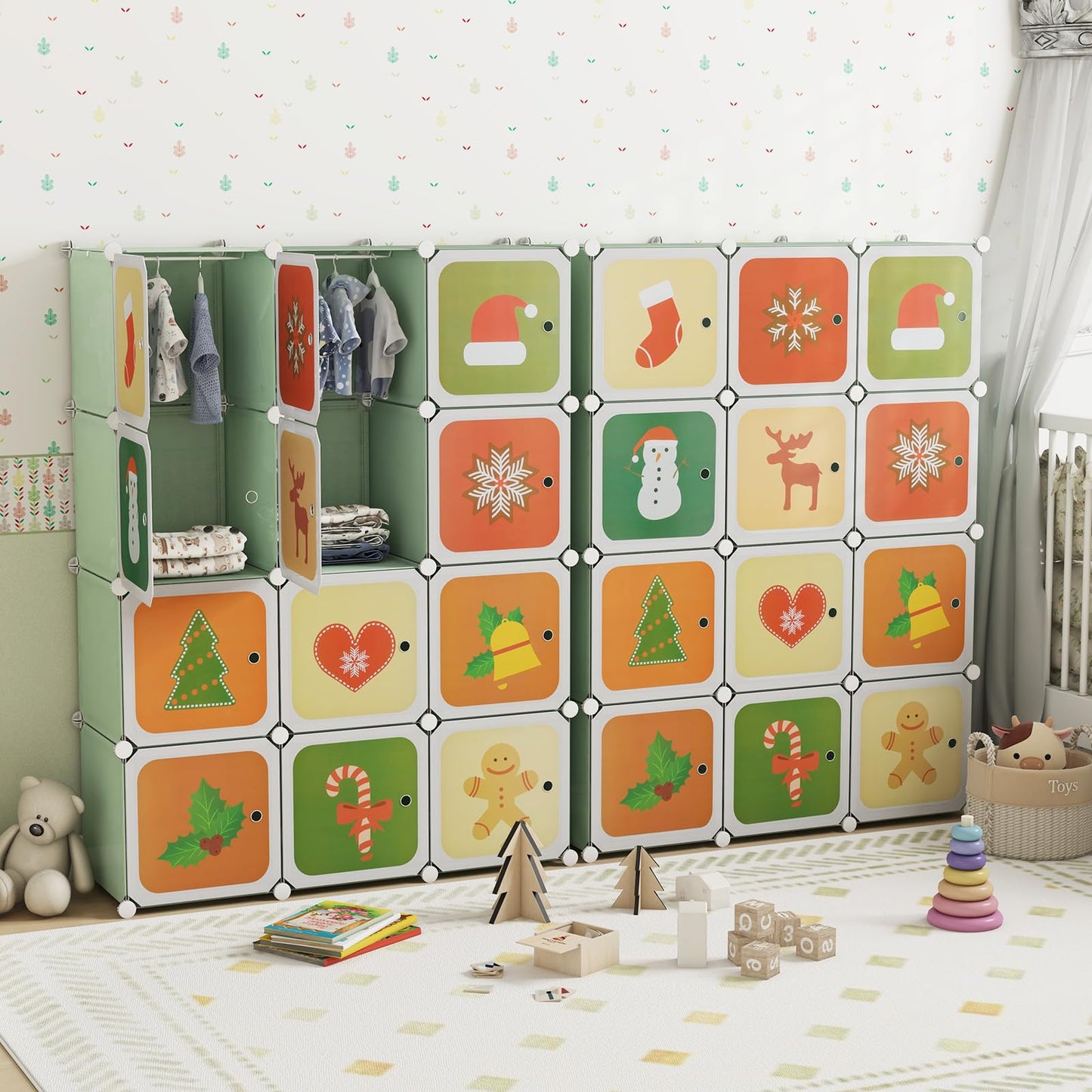 HONEY JOY Kids Wardrobe Closet, Baby Cartoon Clothes Storage Organizer, 12 Cubes & 2 Hanging Sections, Portable Children DIY Modular Bedroom Armoire Dresser Cabinet for Boys Girls (Green)