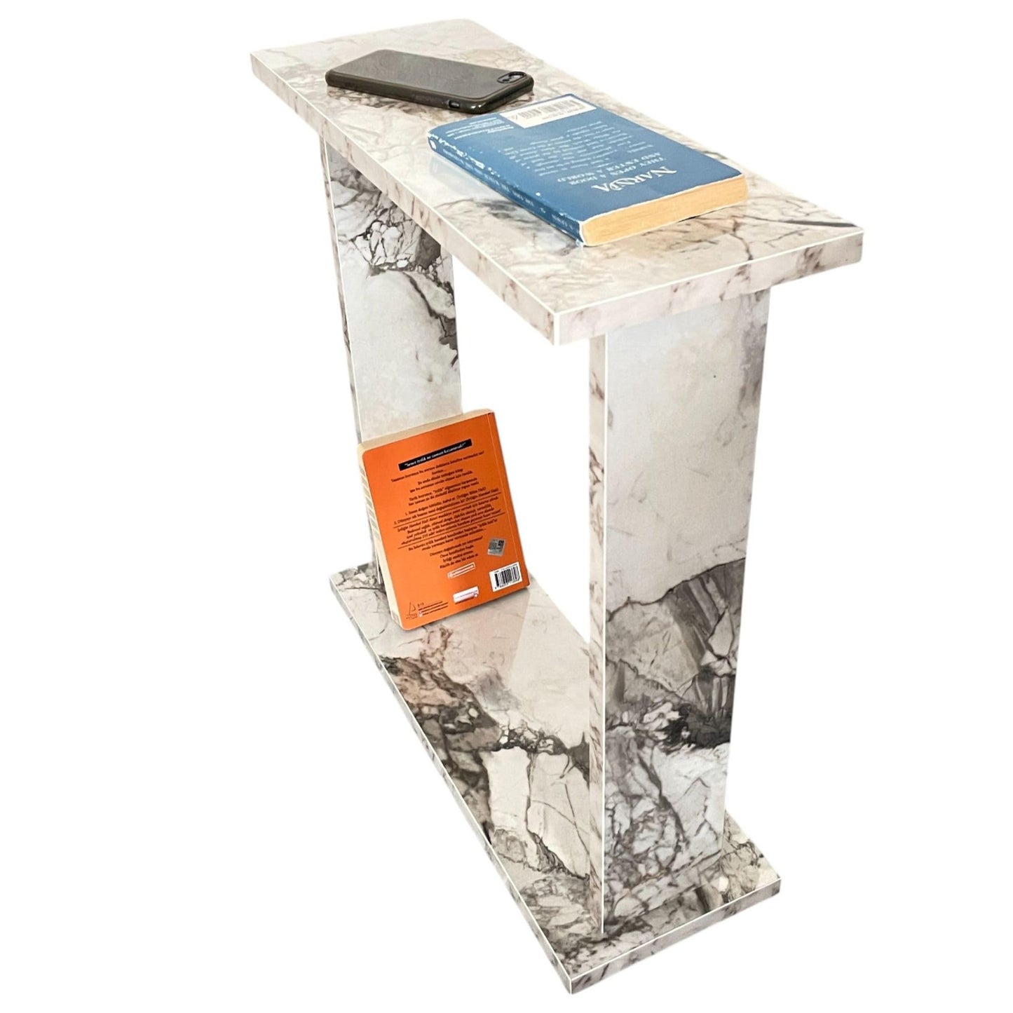 Very Narrow Side Table for Living Room, Small Apartment Space Between Chairs Skinny Table for Recliner, Couch, Armchair, Thin Slim End Table for Living Room, Bedroom, Beverages (White Marble)
