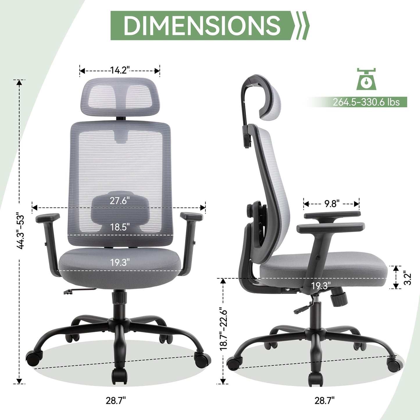 Meilocar Ergonomic Office Chair, Office Desk Chair with High Back Mesh and Adjustable Lumbar Support, Rolling Work Chairs with Wheels and Adjustable Headrests, Wide Cushion, Grey