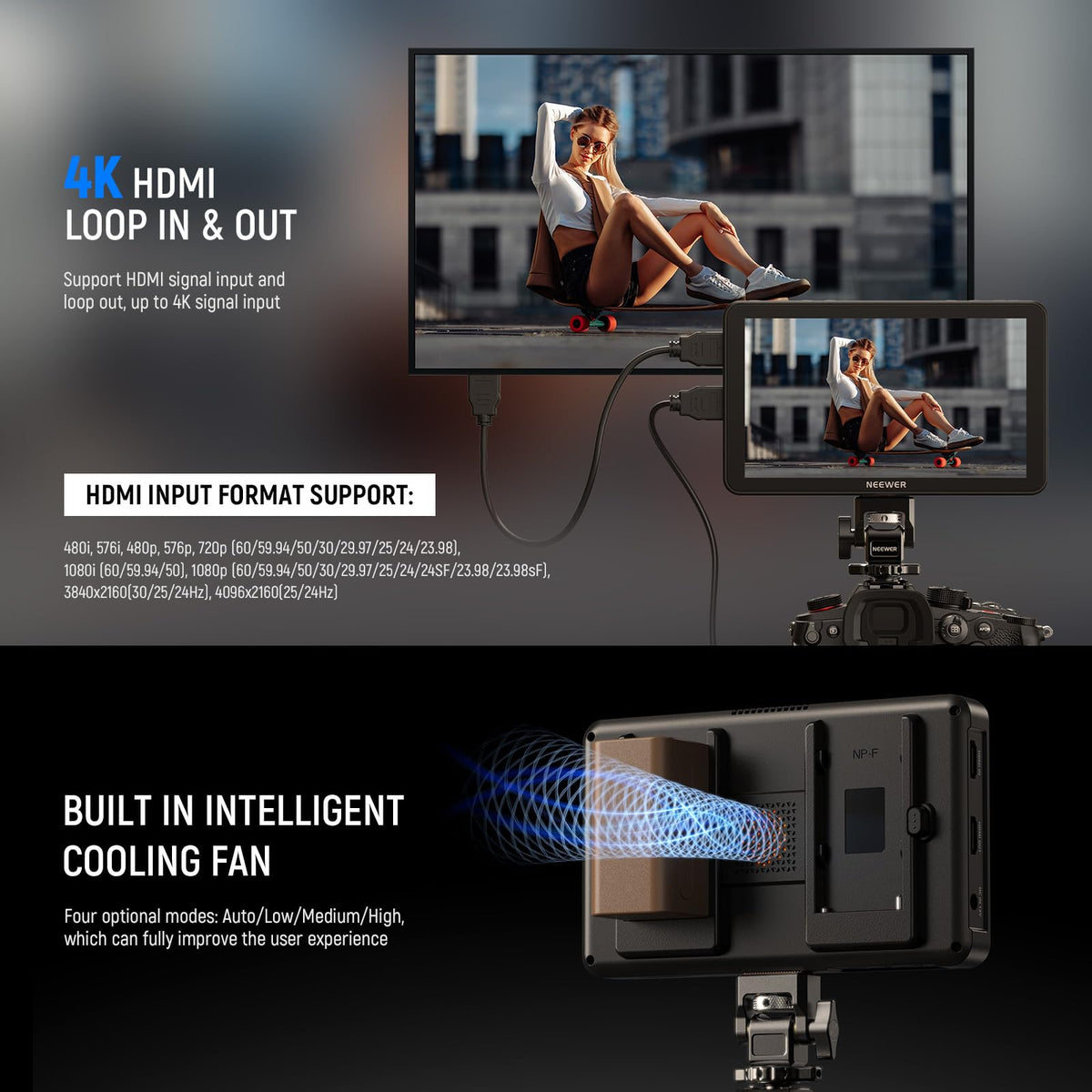 NEEWER F700 7" Camera Field Monitor, 2000nit HD 1920x1080 IPS Touch Screen with 3D LUT, 4K HDMI Loop in/Out with Peak Focus DSLR Video Assist HDR Waveform, Cold Shoe Mount, 5200mAh Battery & Cable