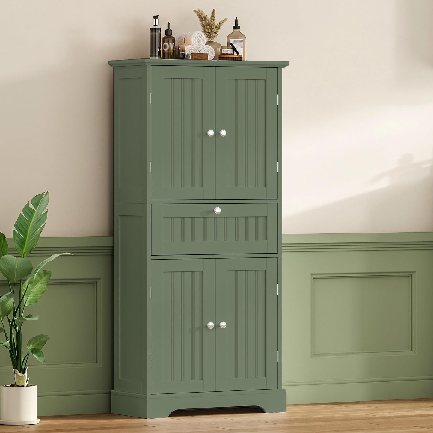 ChooChoo 51" H Tall Bathroom Floor Cabinet, Modern Bathroom Storage Cabinet with Drawer and Adjustable Shelves, Freestanding Kitchen Pantry Cupboard with 4 Doors for Living Room, Green