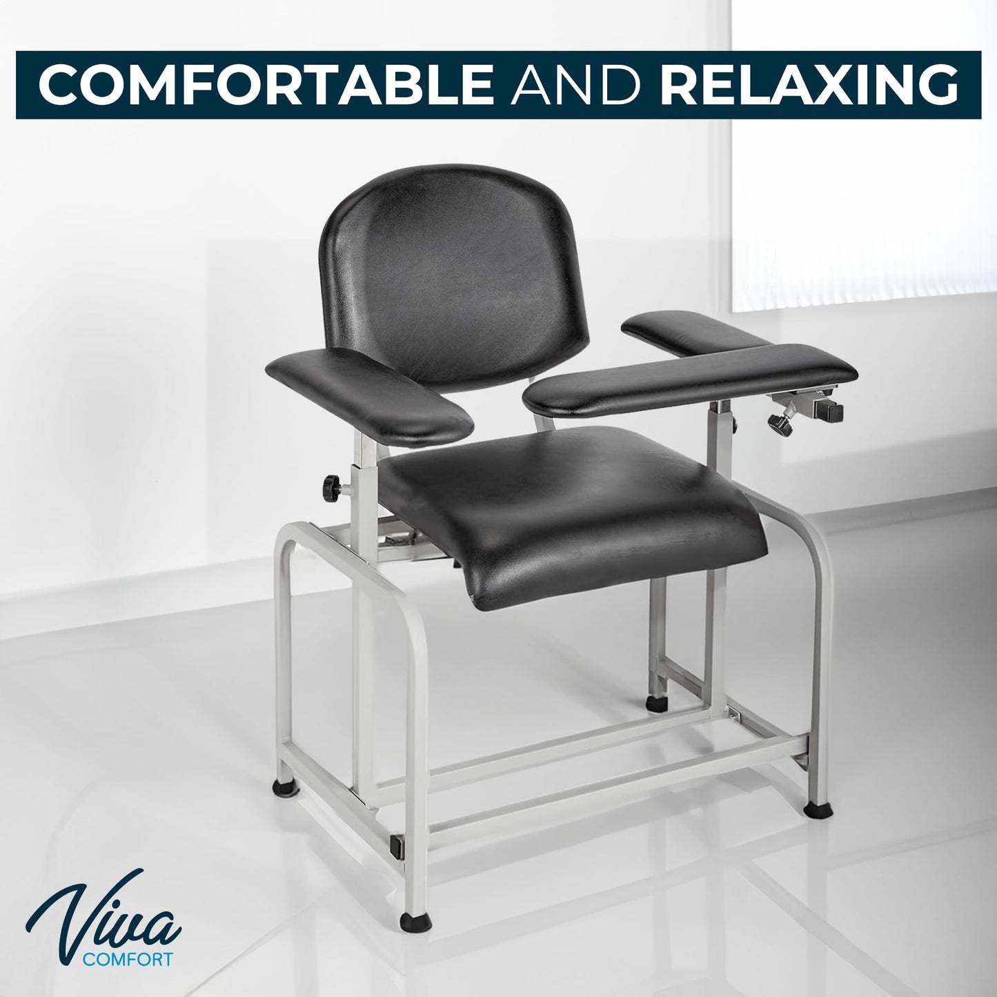 VivaComfort Black 400 lbs Weight Capacity Phlebotomy Chair with Adjustable Armrest, Blood Draw Chair, Comfortable Lab Medical Chair