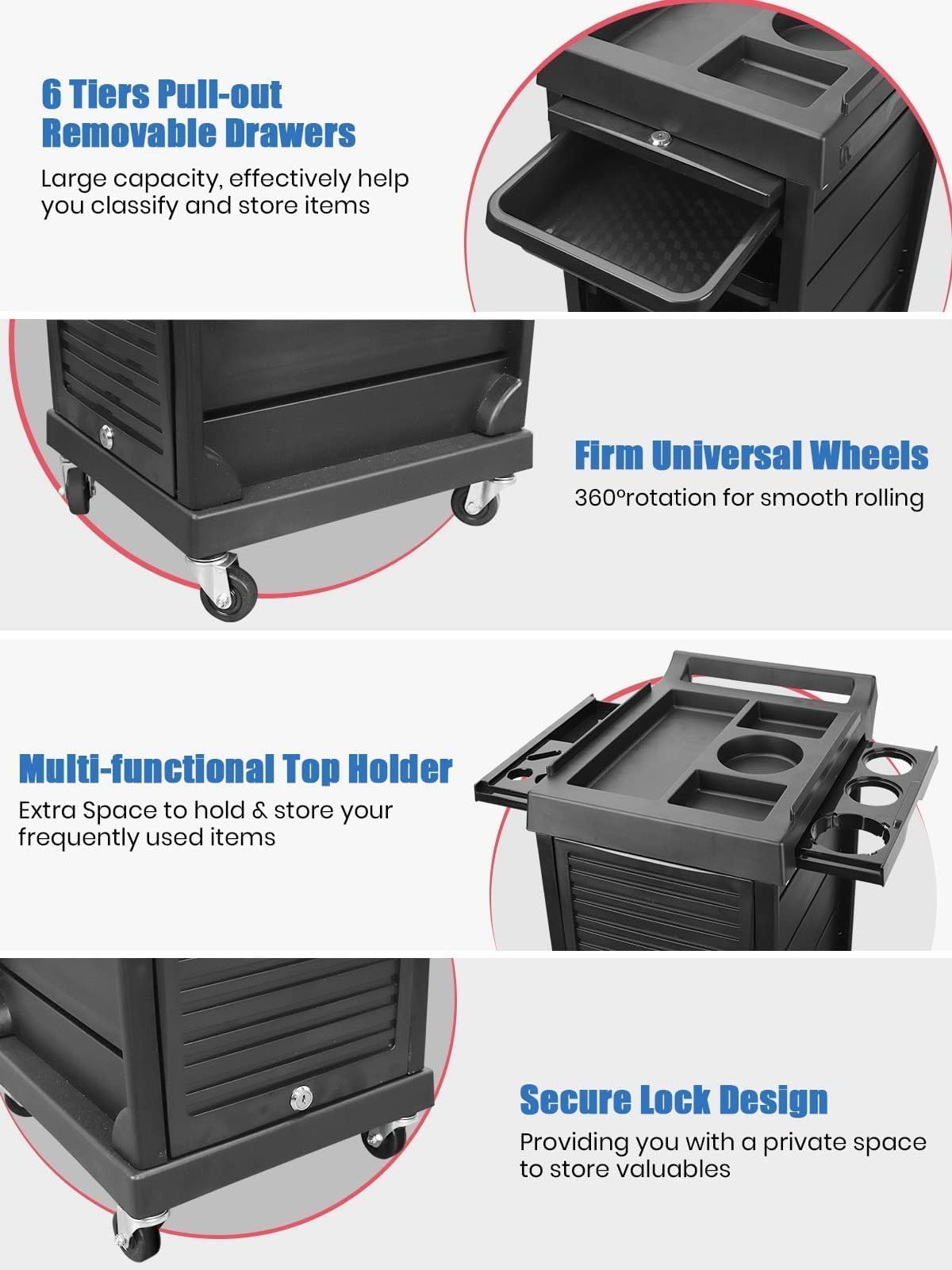 EBANKU Salon Beauty Rolling Trolley Cart, Black Hair Salon Storage Cabinet Barber Organizer Tool Multi Drawers Rolling Cart Free Standing Furniture with 4 Universal Wheels Hair Salons Supplies