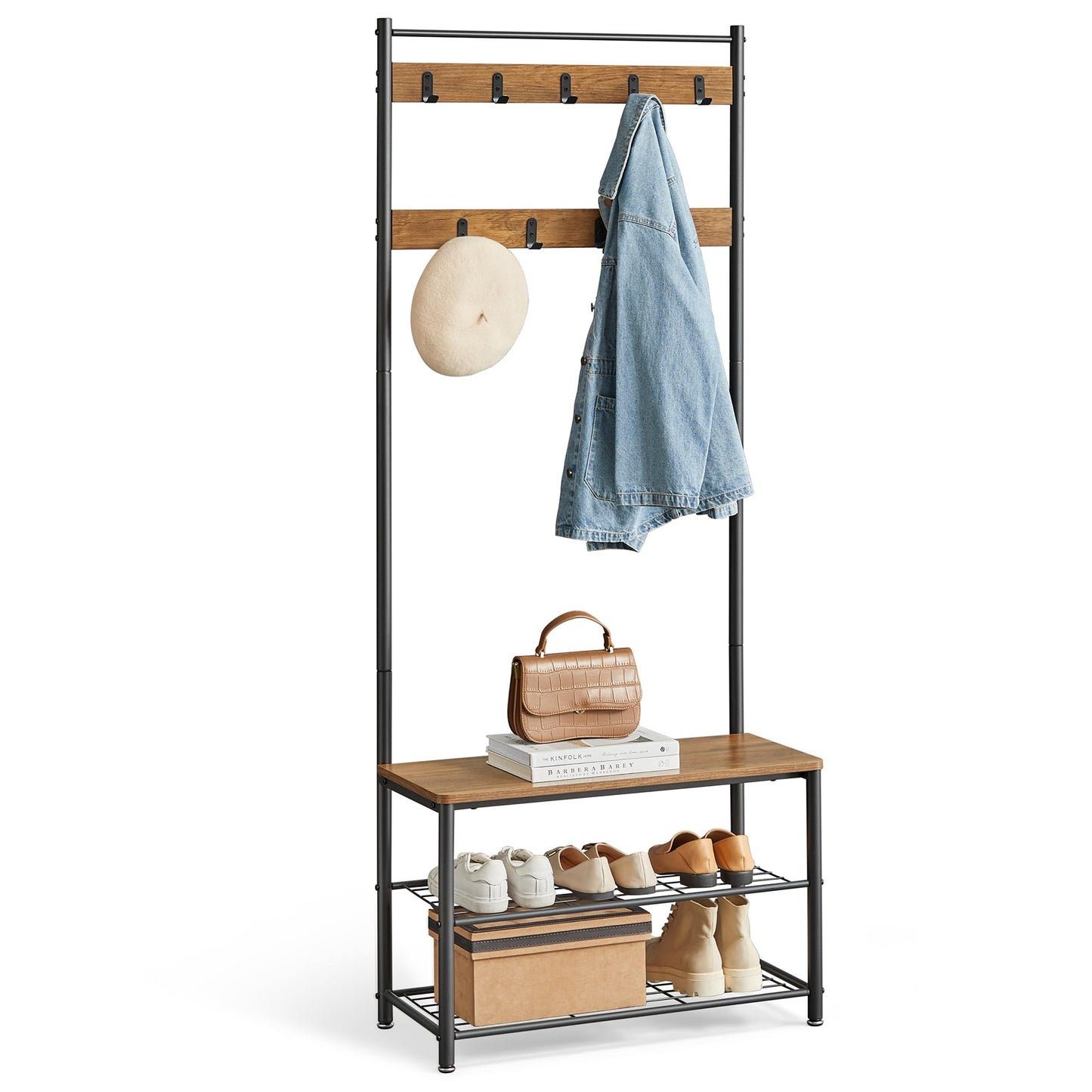 VASAGLE Coat Rack, Hall Tree with Shoe Storage Bench, Entryway Bench with Shoe Storage, 3-in-1, Steel Frame, for Entryway, 12.6 x 27.6 x 68.9 Inches, Industrial, Rustic Walnut and Black UHSR041B41