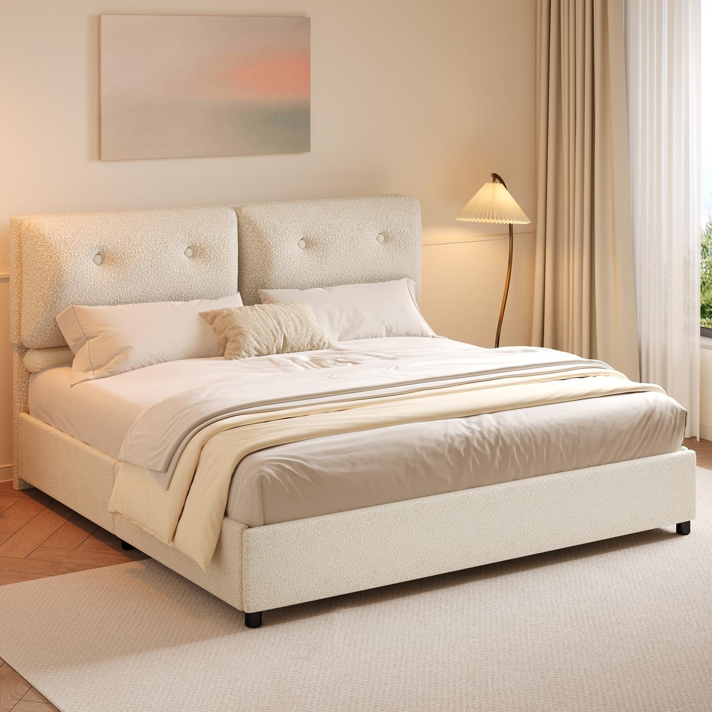IMMERSTABLE King Size Bed Frame, Boucle Upholstered Bed Frame with Headboard, Removable and Washable, No Box Spring Needed, Wood Slat Support, Easy Assembly, Beige