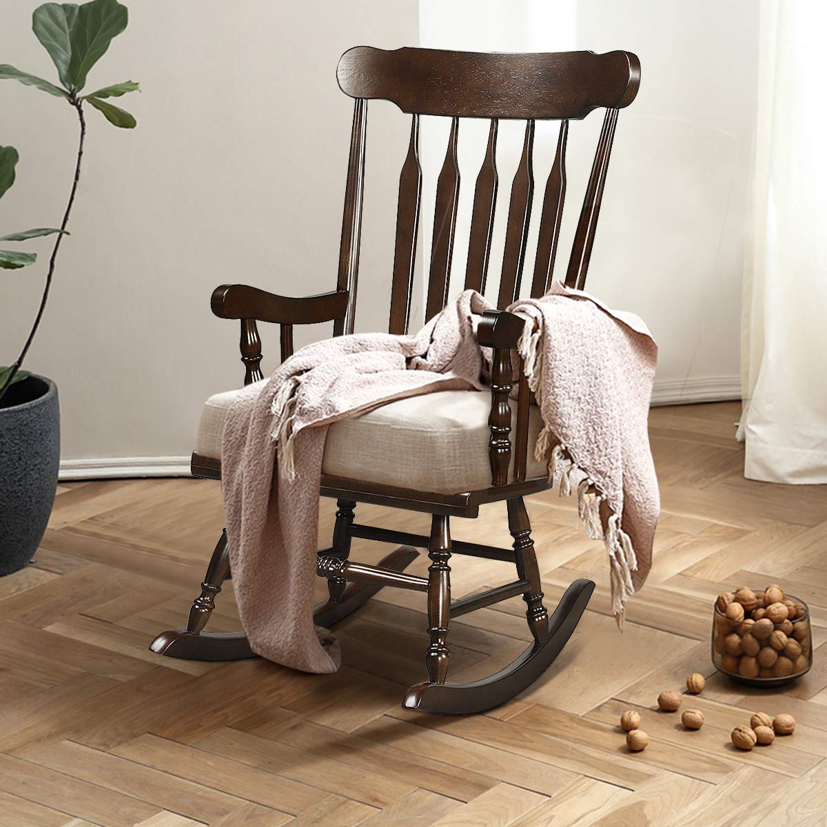 Giantex Outdoor Wood Rocking Chair - Patio Rocking Chair with Solid Rubber Wood Frame, Slat Back, Outside & Indoor Rocker for Garden, Poolside, Balcony, Backyard, Lawn, Front Porch Rocker, Dark Coffee