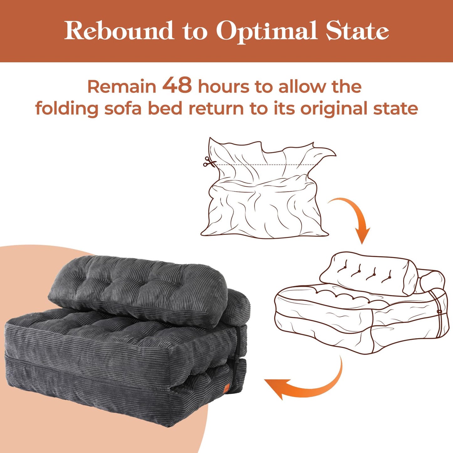 Vellorise Folding Sofa Bed, Convertible Sleeper Chair with Back Support and Pillow Futon, Boneless Matress, for Living Room/Guest Use/Home Office, Foldable Chair Bed for Adults, Dark Gray, Full