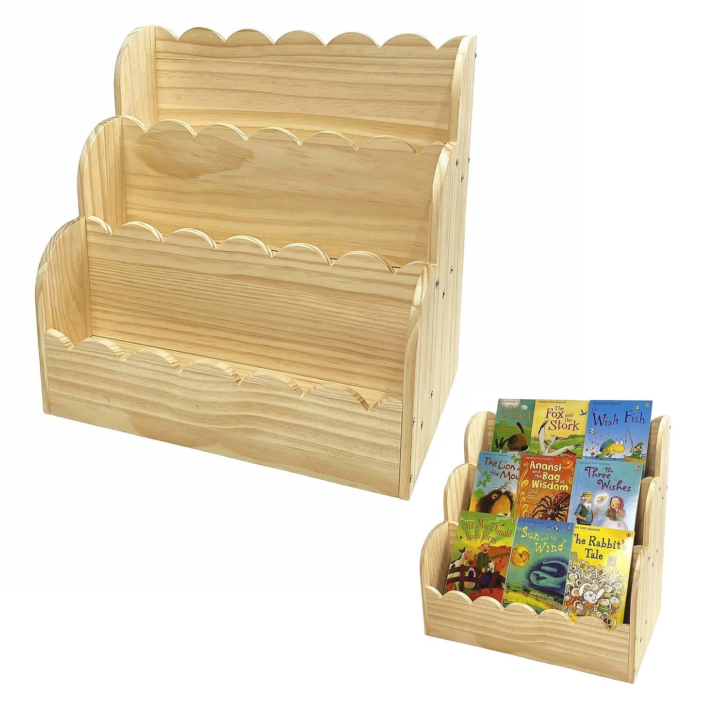 Livemy Scalloped Book Shelf for Kids, 3-Tier Wooden Bookshelf for Toddler, Durable Bookcase Book Organizer Display Furniture for Kids Rooms, Playroom, Nursery, Classroom (Natural, 16.5 * 16.5 * 11in)
