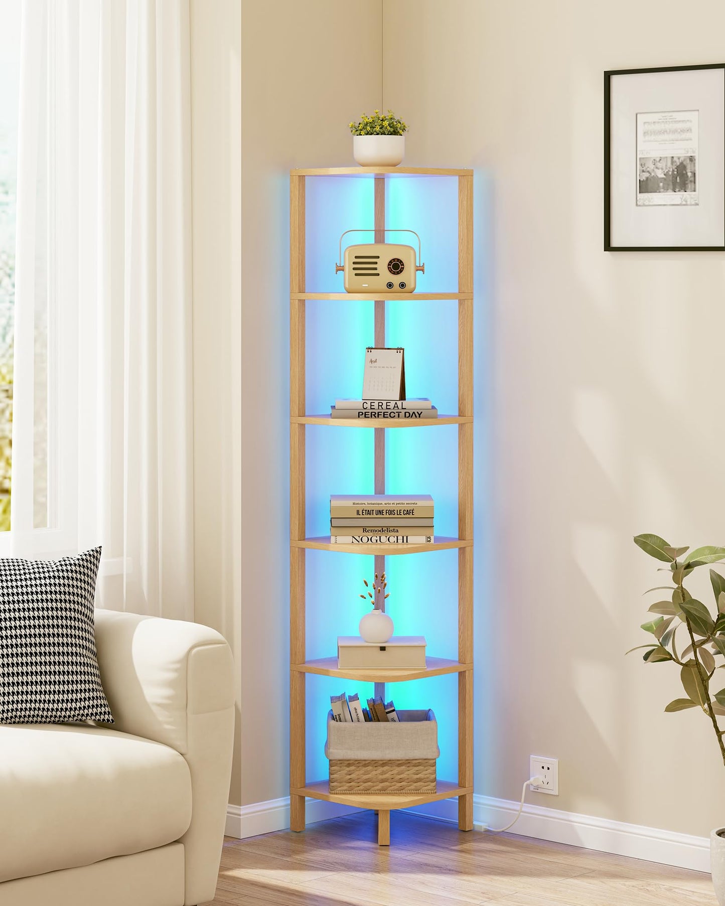 TUTOTAK Corner Shelf with LED Light, 6-Tier Corner Bookshelf for Small Space, Narrow Display Corner Shelf Stand with Storage Rack, for Living Room, Bedroom, Natural BS08BN006L