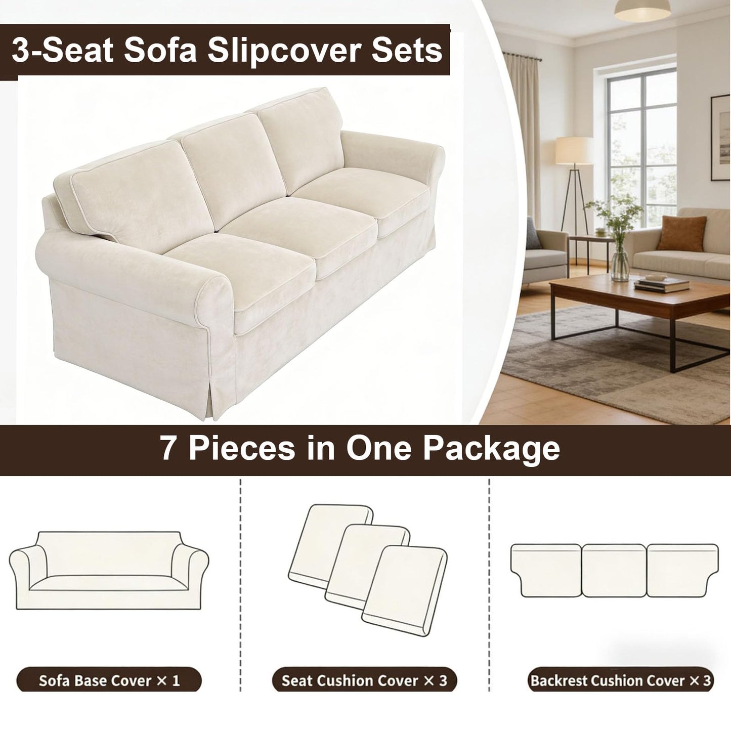 Velvet Pet-Friendly Replacement Sofa Cover Compatible for IKEA Ektorp 3 Seat Sofa Slipcovers, Couch Cover Only, 7-Piece Slipcover, Beige, Couch Cover Not Include The Sofa Body