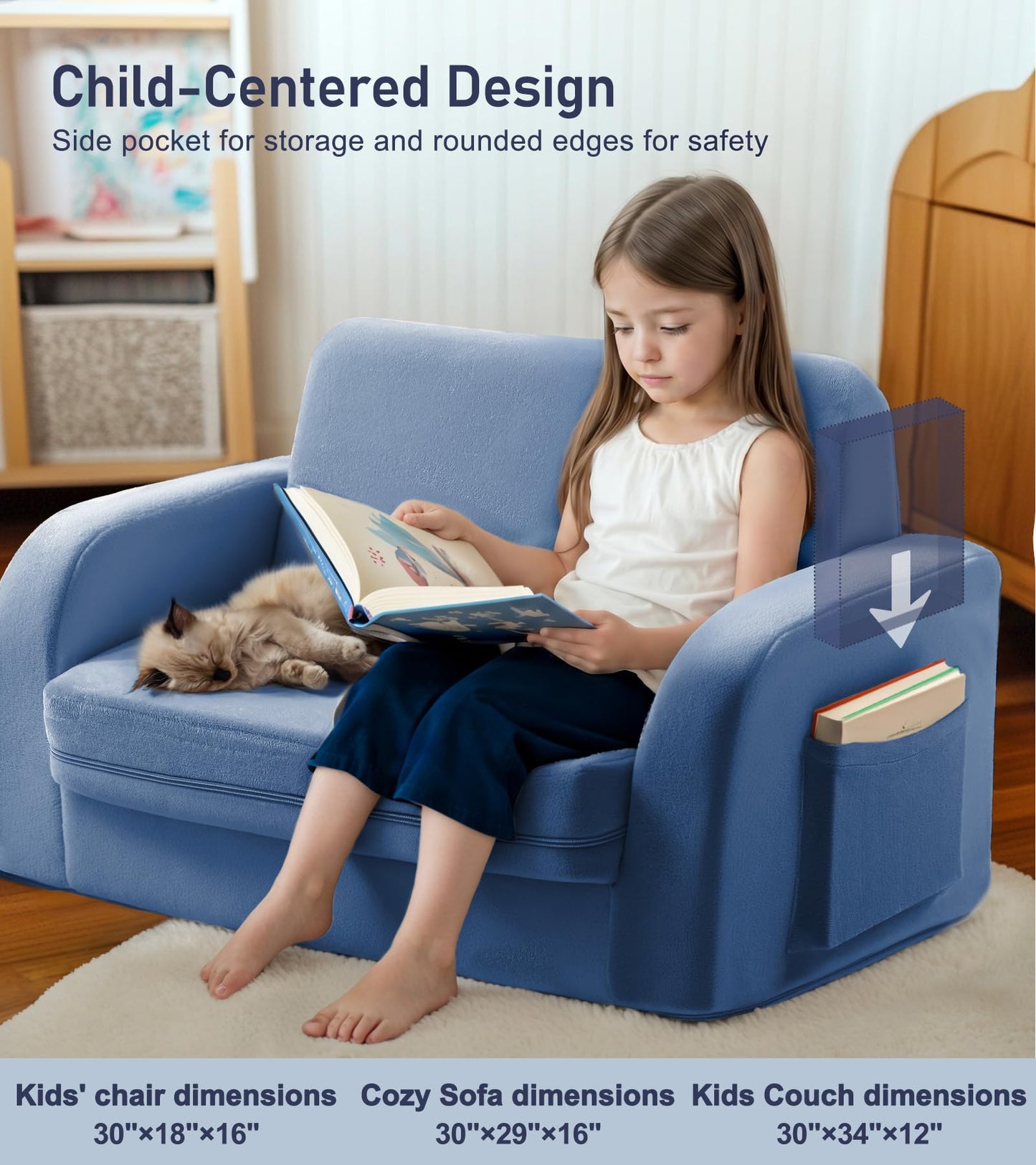 little dove 3-in-1 Extra Wide Convertible Kids Couch, Flip Open Kid Sofa, Machine-Washable Kid Couch for Girls, Kids Sofa for Fun Playtime, Dark Blue