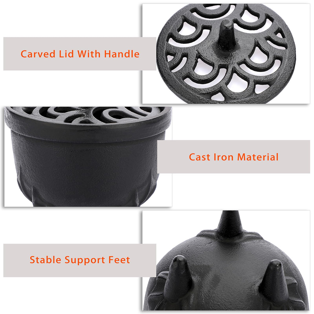 JUXYES Vintage Tripod Incense Burner Holder with Lid, Cast Iron Incense Holder Metal Cauldron Censer Antique Cone Coil Incense Burner Holder for Incense Resins, Cones, Charcoal or Wax Melts