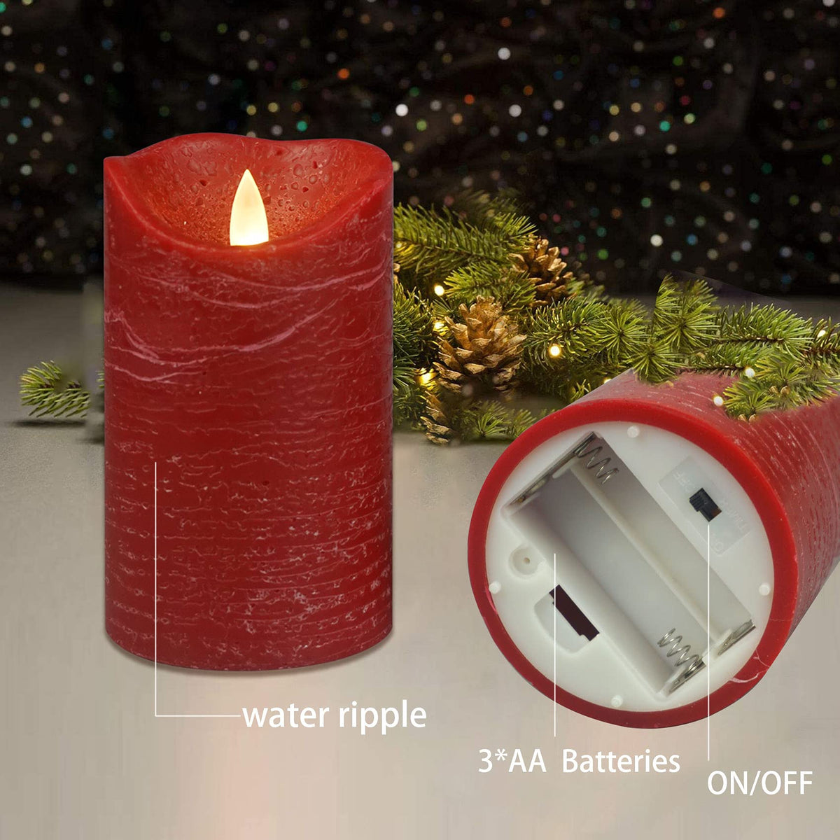 CANDLE CHOICE Battery Operated Flameless Candles with Timer Real Wax Realistic Flickering Electric LED Pillars Automatic Built-in Daily Cycle Timer 6-Hour on 18-Hour Off Set of 3 Rustic Texture Red