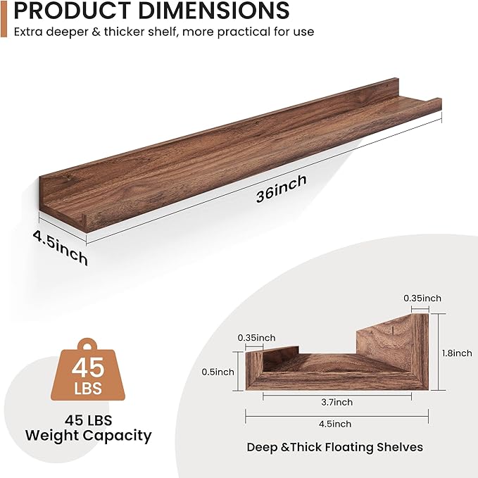 Fun Memories Picture Ledge Shelves Set of 2, 36 Inch Rustic Wall Mounted