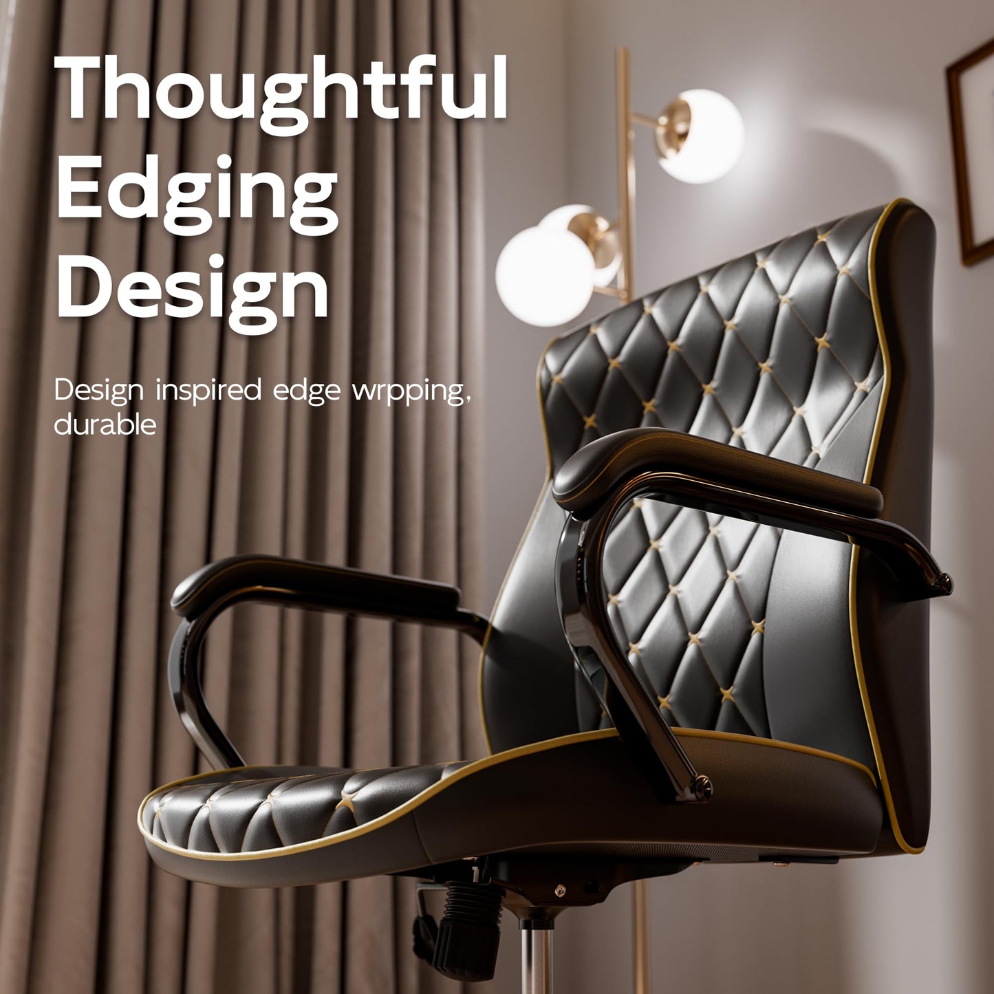 HomeZeer Black Office Chair with Soft Leather Embroidery, Mid Back Vintage Swivel Executive Desk Chair with Wheels and Padded Arms, Adjustable Height