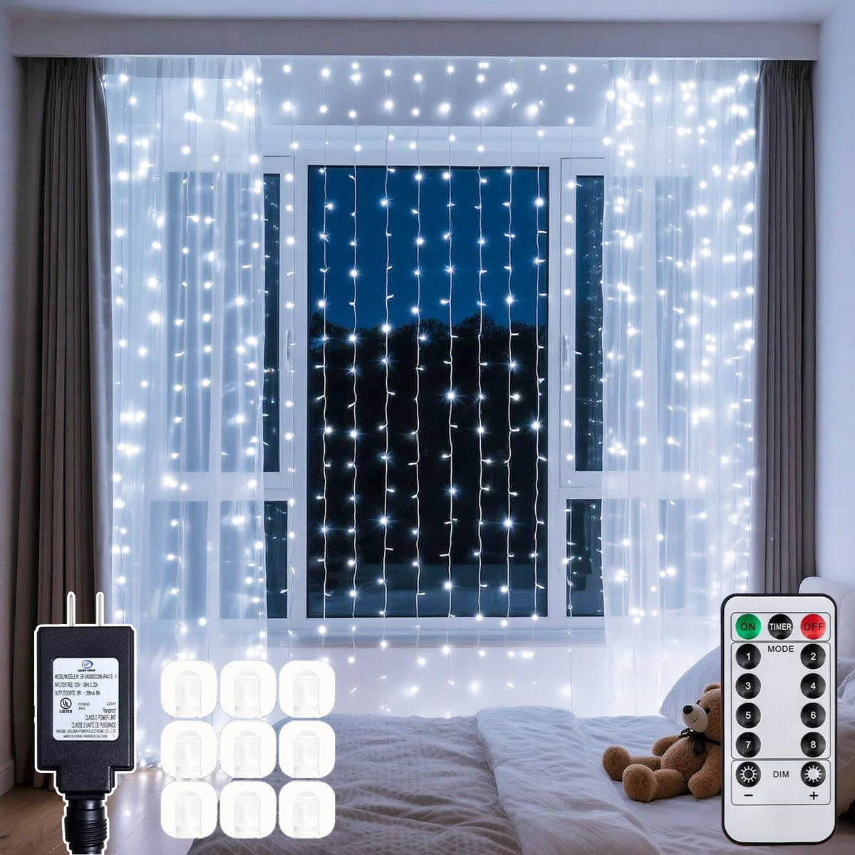 Soagrc 300 LED Cool White Curtain String Lights 9.8x9.8FT Plug in Fairy Lights with 9 Hooks Dimmable Timer & 8 Modes IP44 Waterproof Bedroom Office Wall Wedding Backdrop Christmas Indoor Outdoor Decor