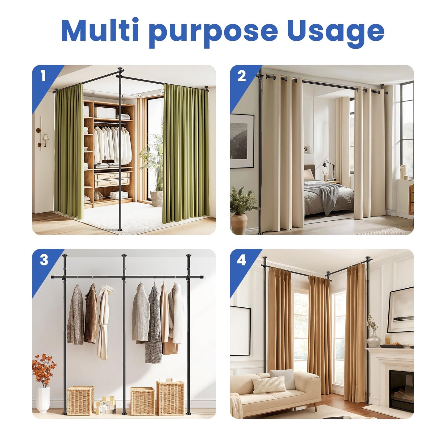 Room Divider Tension Curtain Rods No Drilling Room Separator for Space Partition Adjustable (W) 35-100in×(H) 43-120in, Heavy Duty Temporary Wall Divider Floor to Ceiling Tension Rod, Black, 1 Pack