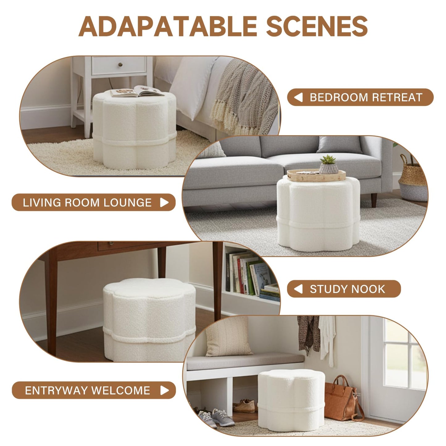 Tiita Floral Pouf Ottoman, Foot Stools Ottoman with Foam Chunk Filling, Puff Foot Rest for Couch, Living Room, Kids Room, Cream