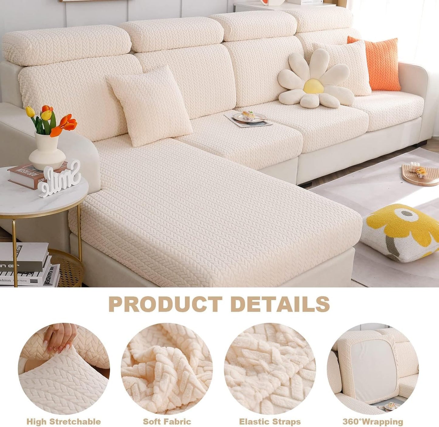 Yoovat Sofa Covers Soothing Home Sofa Covers Sofa Hero Covers Couch Cushion Covers for Dogs Stretch Couch Covers Slipcovers for Couches and Sofas (Wheat-Ocean Blue,Chaise Cover)