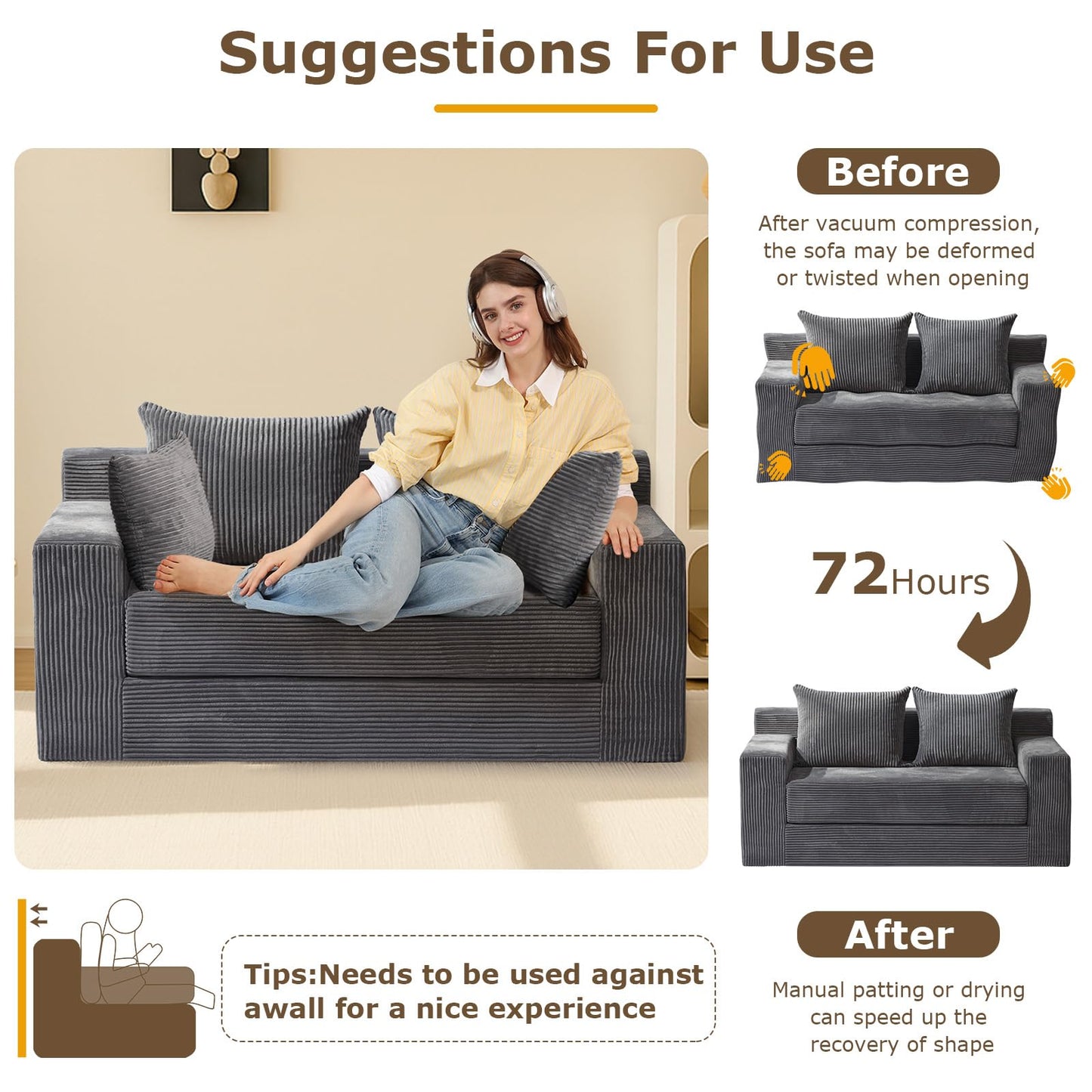 cidludto Convertible Sofa Bed, 3 in 1 Loveseat Folding Couch Bed Foldable - Chaise Lounge Chair & Floor Futon Sofa, Corduroy Pull Out Sofa Bed with 4 Pillows for Living Room, Beige