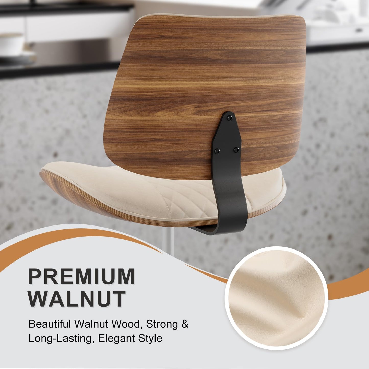 BERYTH Drafting Chair with Adjustable Footrest, Armless Modern Tall Office Chair for Standing Desk, PU Leather Swivel Stool in Curved Bentwood Style, Ergonomic Rolling Walnut Chair for Office(Beige)