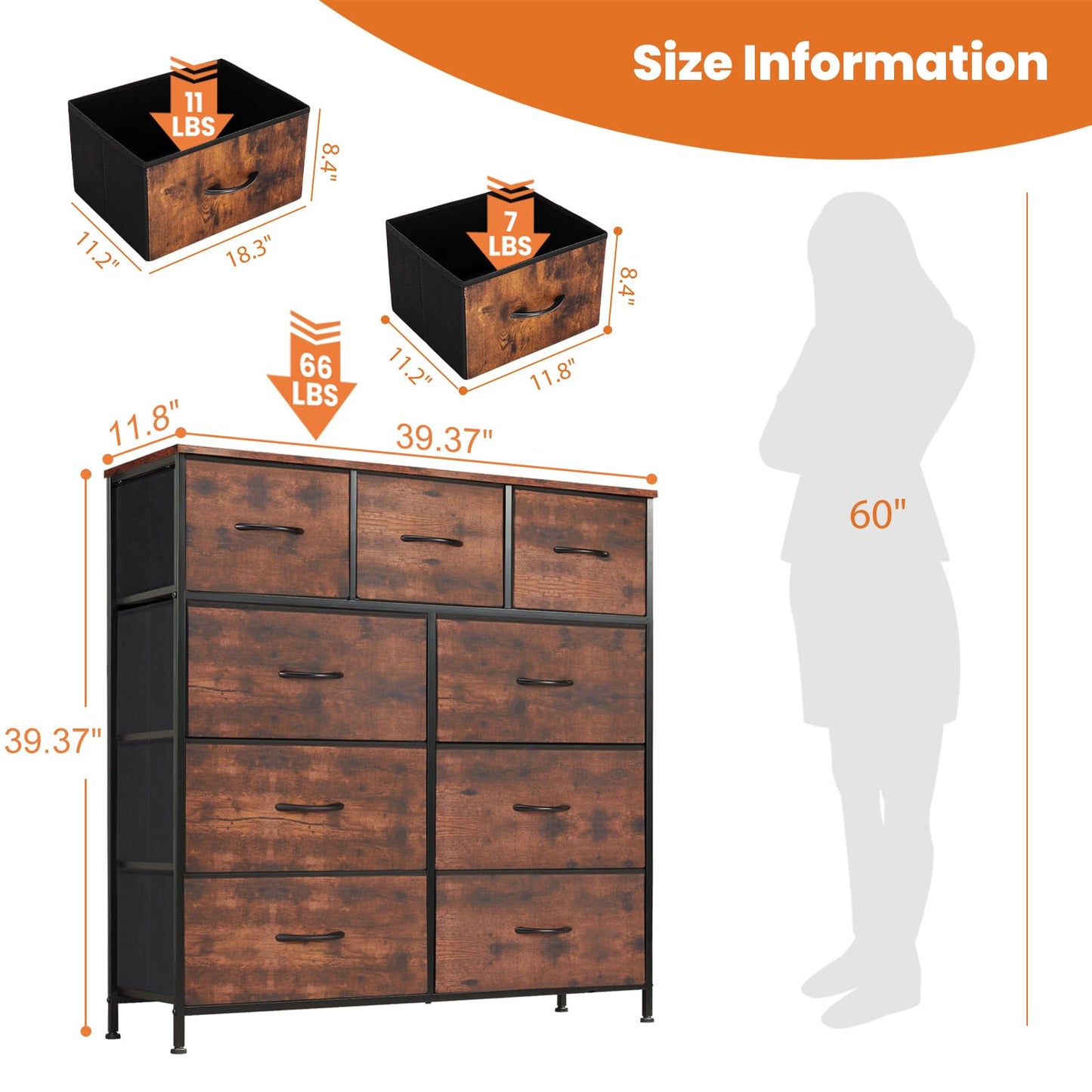 Sweetcrispy Dresser for Bedroom with 6 Storage Drawers, Fabric Storage Tower Organizer, Chest of Drawers with Metal Frame Wooden Top for Closet, Living Room, Entryway, Rust Brown