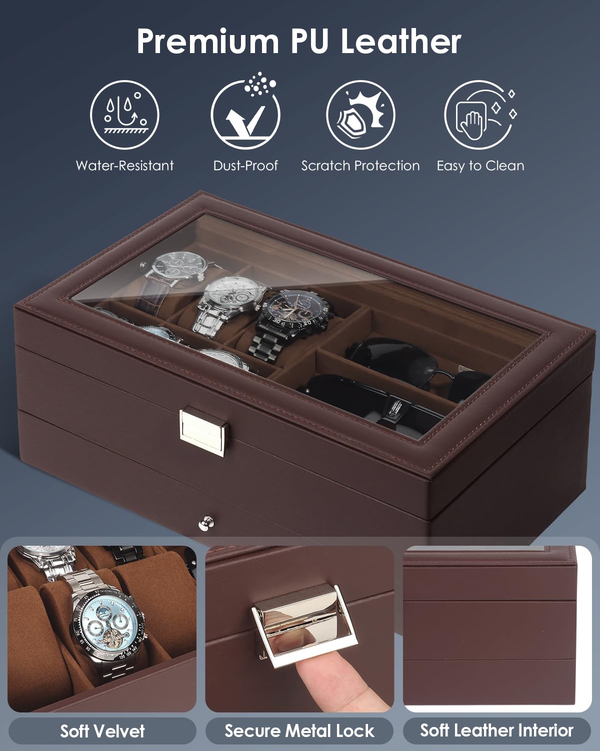Kukikan Watch Jewelry Box Organizer, 6-Slot 2-Layer Watch Case and Sunglasses Storage with Large Glass Lid, Men's Jewelry Box with Lock, Watch Holder Display Case, Fathers Day Gift for Dad